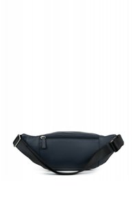 Borsa a tracolla in pelle blu navy con superficie testurizzata, tasca con zip, tracolla regolabile e forma compatta ovale.