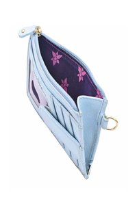 Blauwe leren portemonnee met een ritssluiting, voorzien van een paarse bloemenpatroon binnenvoering en meerdere kaartsleuven aan één kant.