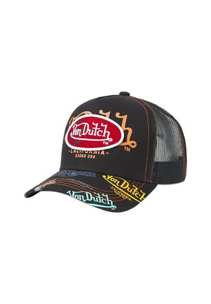 Black mesh baseball cap with colorful Von Dutch logos, orange stitching, and a large red oval logo on the front.