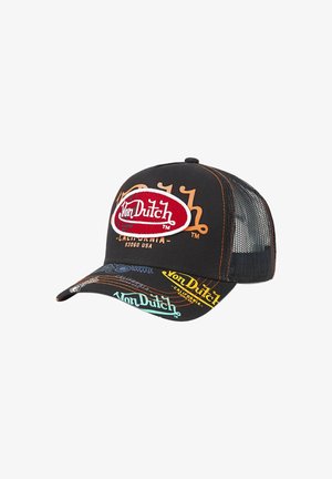 Black mesh baseball cap with colorful Von Dutch logos, orange stitching, and a large red oval logo on the front.