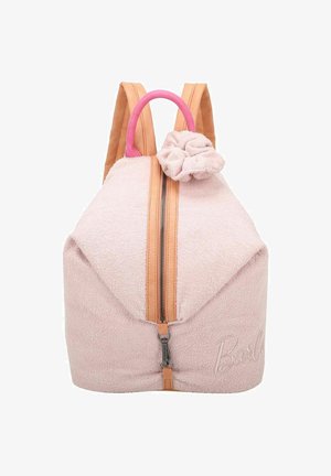 Pink terry cloth backpack with tan leather straps, a pink handle, and a fabric flower accent. Features a front zipper and embossed logo.