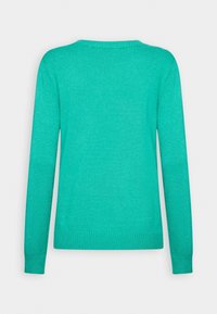 Pull tricoté turquoise à manches longues avec poignets, ourlet et encolure ronde côtelés, montré de dos sur un fond clair uni.
