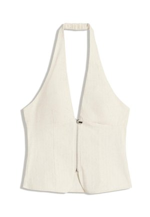 Halterneck top in licht beige, met een diepe V-halslijn en een rits aan de voorkant. De stof heeft een subtiele textuur, met gestructureerde panelen en zonder mouwen.
