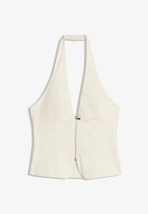 Halterneck top in light beige, featuring a deep V-neckline and a front zipper. The fabric has a subtle texture, with structured panels and no sleeves.