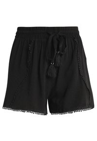 Shorts neri con vita elasticizzata, coulisse e frange. Presentano un tessuto testurizzato, dettagli con frange e un bordo con pompon.