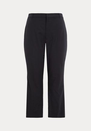 Pantalon noir à coupe ajustée, en tissu lisse, taille mi-haute et coupe droite. Pas de poches visibles ni d'ornements.
