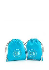 Deux petites pochettes bleues vives à cordon gris, chacune portant l'inscription "Elli by Julie & Grace" en lettres blanches.