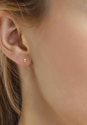 Primo piano dell'orecchio sinistro che indossa un piccolo orecchino a perno d'oro a forma di lettera T su pelle chiara e capelli biondi.