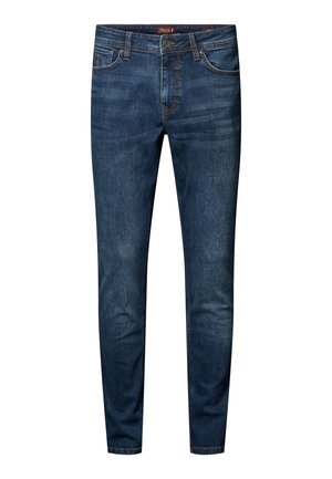 Skinny jeans in dark blue denim with a subtle wash. Five pockets, brown stitching, and a button closure at the waist.