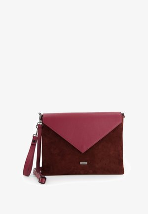 Clutch bag in burgundy suede with a textured, dark pink leather flap. Features an adjustable strap and a silver logo plate.