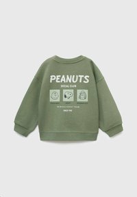 Zelená mikina s nápisom "Peanuts Social Club", na zadnej strane s čiernobielymi kresbami Charlieho Browna, Snoopya a Peppermint Patty.