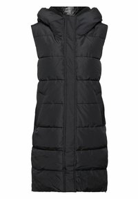 Czarna pikowana kamizelka z kapturem, z poziomym przeszyciem, prostym krojem oraz bocznymi kieszeniami dla zwiększenia praktyczności i ciepła.