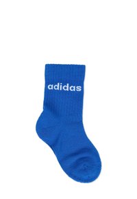 Calzino in cotone blu con orlo a coste, con il testo bianco "adidas". Texture liscia, lunghezza alla caviglia e design con punta arrotondata.