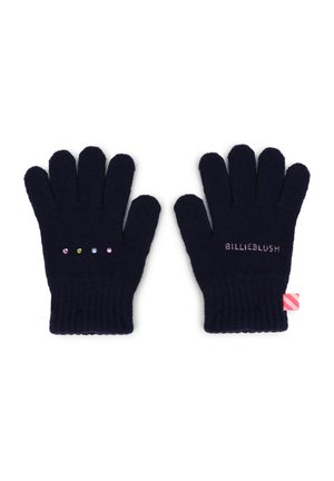 Paire de gants en maille noire avec quatre petites pierres colorées sur le gant gauche et texte "BILLIEBLUSH" sur le gant droit avec une étiquette rose.