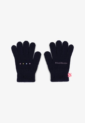 Paire de gants en maille noire avec quatre petites pierres colorées sur le gant gauche et texte "BILLIEBLUSH" sur le gant droit avec une étiquette rose.