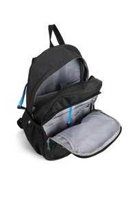 Zaino nero con interno grigio, doppio scomparto, dettagli in cerniera blu e spallacci imbottiti. Presenta diverse tasche organizzative.