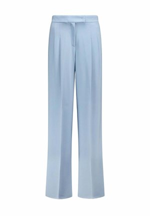 Pantalons bleu clair en tissu lisse, dotés d'une taille haute, de plis avant et d'un design à jambes larges pour une coupe décontractée.