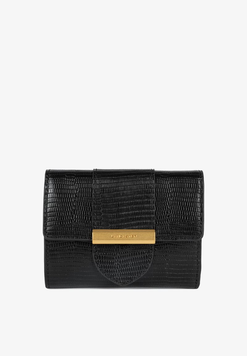 Portefeuille noir à texture réalisé en matériau synthétique. Doté d'un accent en métal doré avec le nom de la marque et d'une fermeture à rabat. Forme rectangulaire compacte.