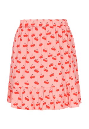 Falda rosa con un dobladillo volado, que presenta un patrón de cerezas rojas. Hecha de una tela ligera, tiene una cintura elástica para mayor comodidad.