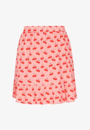 Rožinė sijonas su raukšlėtu apvadu, su raštu raudonų vyšnių. Pagamintas iš lengvo audinio, turi elastingą juosmenį patogumui.