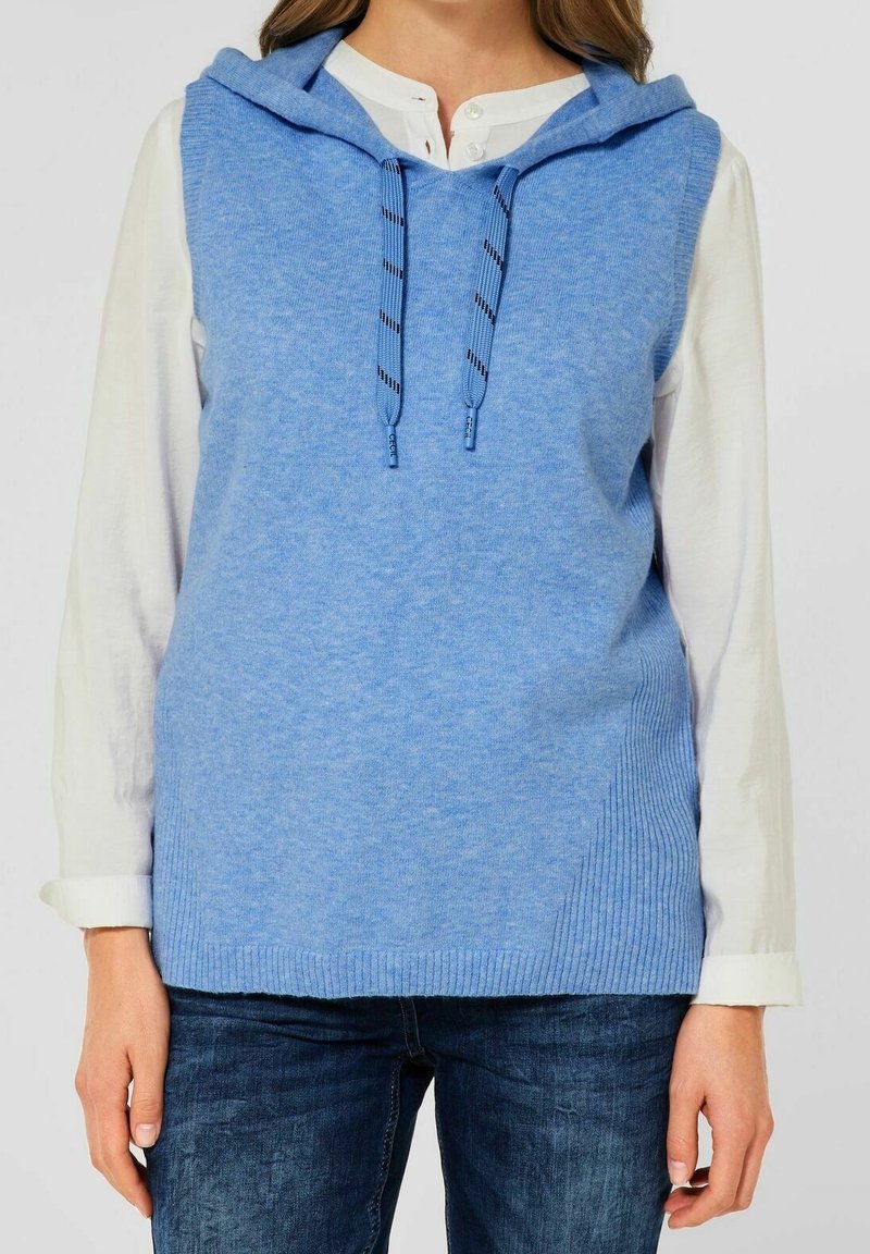 Blauwe gebreide hoodie met een geribbelde zoom en zijpanelen, voorzien van contrasterende witte lange mouwen en verstelbare trekkoorden.