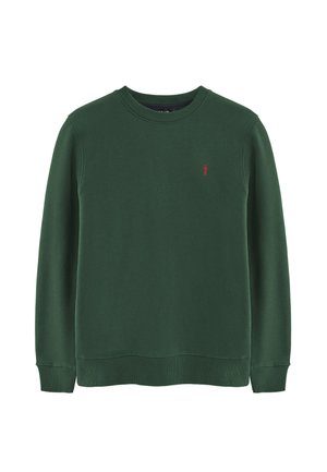 Sweatshirt vert en tissu doux avec un col rond. Présente un petit logo rouge sur la poitrine ainsi que des côtes aux poignets et à l'ourlet.