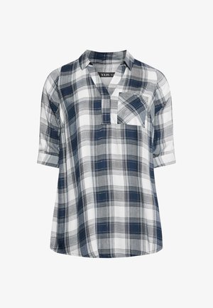 Kariertes Hemd in Navy, Grau und Weiß. Mit Kragen, aufgesetzter Tasche und Dreiviertelärmeln mit umgeschlagenen Säumen. Weicher Stoff.