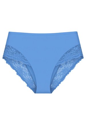 Light blue women's underwear with floral lace panels on the sides and smooth fabric front and waistband.