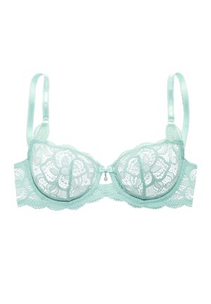 Hellgrüner Spitzen-BH mit Bügel, verstellbaren Trägern und kleinem Schleifchen mit Charme-Detail in der Mitte vorne.