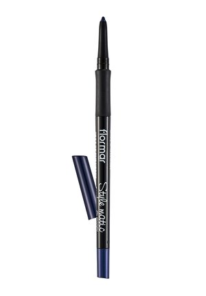 Retractable black and blue Flormar Style Matic eyeliner with blue cap removed, showing dark blue pencil tip.
