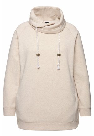 Sudadera con capucha de color beige claro, fabricada en un tejido suave. Presenta un cuello alto, cordones con detalles en dorado y puños acanalados.