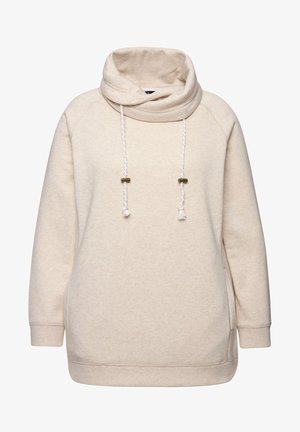 Sudadera con capucha de color beige claro, fabricada en un tejido suave. Presenta un cuello alto, cordones con detalles en dorado y puños acanalados.