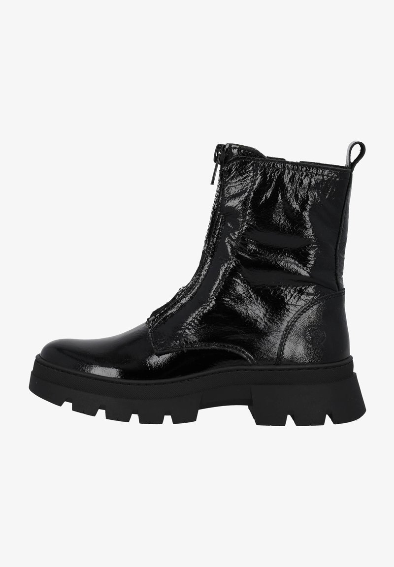 Czarne botki do kostki wykonane z błyszczącej lakierowanej skóry, z solidną podeszwą, z bocznym zamkiem błyskawicznym i teksturowanymi panelami dla dodatkowych detali.