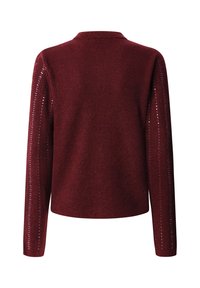 Μπορντό ραβδωτό πουλόβερ με μακριά μανίκια, που διαθέτει λεπτομέρειες από παγιέτες κατά μήκος των πλευρών και μια διακριτική υφή. Δείχνει την πίσω όψη.