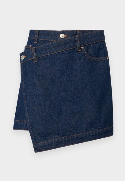 Tumši denima apkakles svārki ar augstu jostasvietu, ar priekšējo pogu aizdari, diagonālām šuvēm un kontrastējošu dūrienu gar apakšmalu.