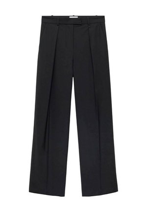 Black wide-leg trousers made of smooth fabric, featuring front pleats, a zip closure, and belt loops, providing a tailored silhouette.