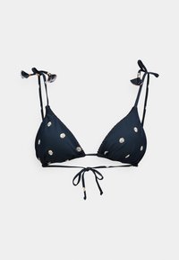 Svart triangel-bikinitopp med prästkragebrodyr, justerbara band vid axlarna och vågformade kanter. Tillverkad av mjukt, elastiskt tyg.