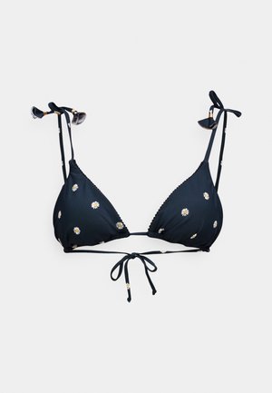 Schwarzer Dreieck-Bikini-Oberteil mit Gänseblümchen-Stickerei, verstellbaren Bindebändern an den Schultern und gewellten Kanten. Hergestellt aus weichem, dehnbarem Stoff.