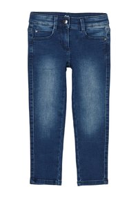 Donkerblauwe denim jeans met een slim fit, voorzien van voorzakken, een metalen knoopsluiting en een vervaagd ontwerp op de benen.