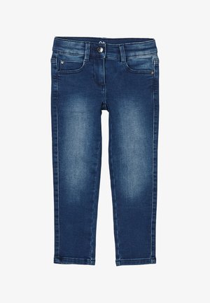 Donkerblauwe denim jeans met een slim fit, voorzien van voorzakken, een metalen knoopsluiting en een vervaagd ontwerp op de benen.