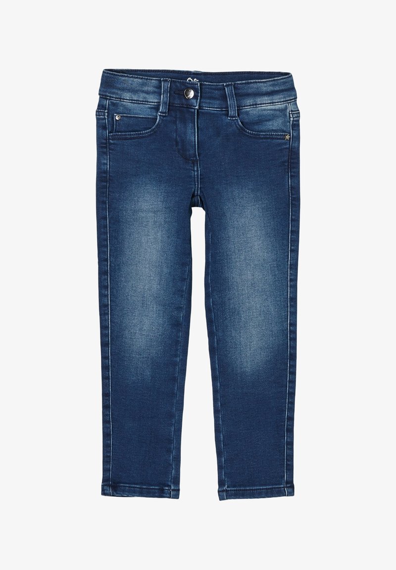 Jean en denim bleu foncé à coupe ajustée, avec poches avant, fermeture à bouton en métal et un design délavé sur les jambes.