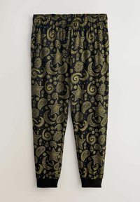 Pantalon de jogging noir avec taille élastique et motif céleste doré composé d'étoiles, de lunes, de motifs paisley et de lanternes sur tout le tissu.