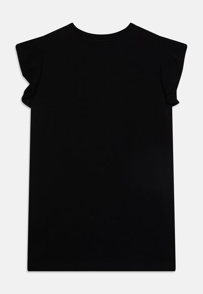 Black short-sleeve t-shirt, made from soft fabric, features a crew neck and ruffled cap sleeves. Simple design without patterns or accents.