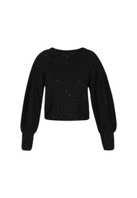 Pulover scurt negru cu mâneci lungi, bufante. Fabricat dintr-un material moale, are stropi argintii împrăștiați pe întreaga țesătură.