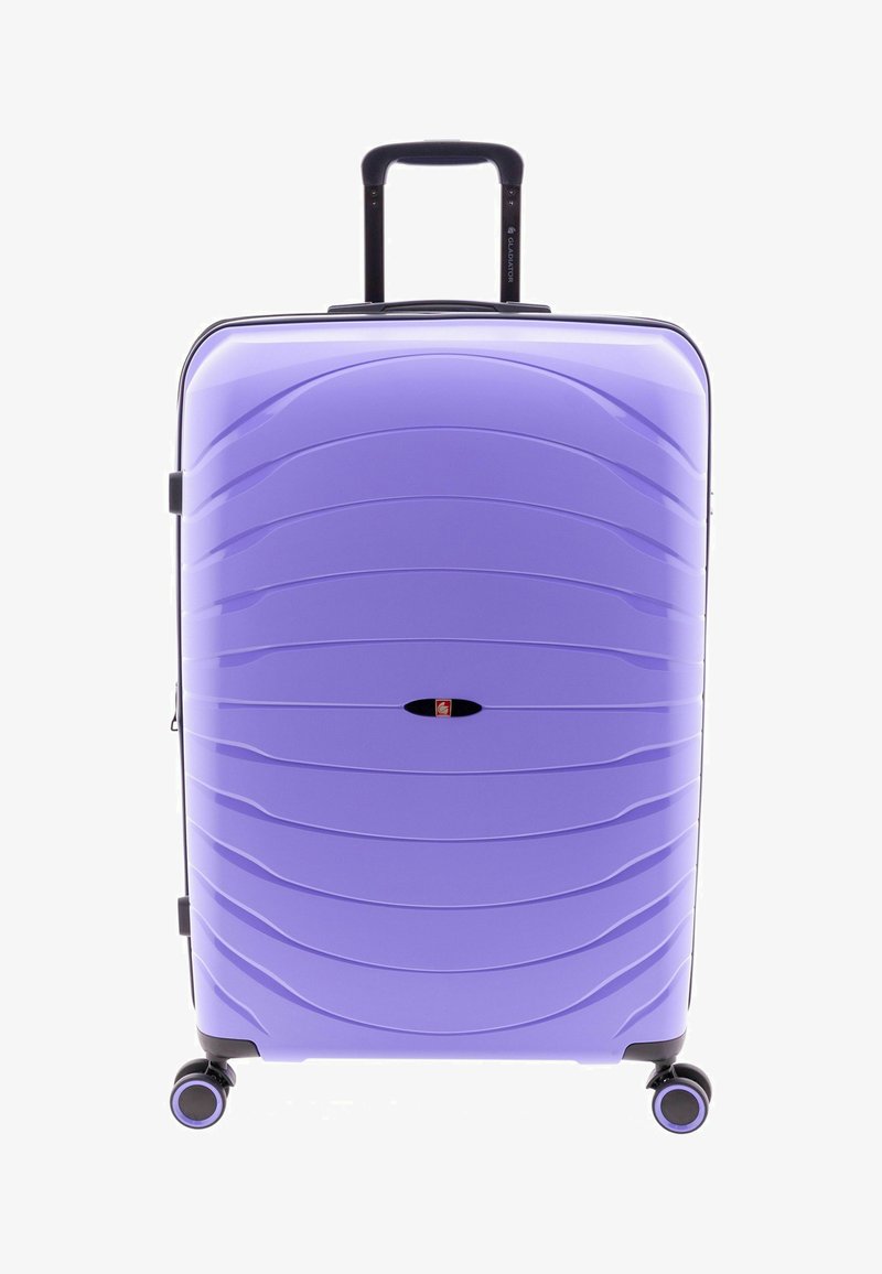 Valigia rigida viola con quattro ruote e manico telescopico nero estensibile, vista frontale.