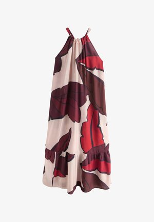 Mouwloze halterjurk met losse pasvorm en grote abstracte bladprint in tinten rood, bordeauxrood en roze op een lichte achtergrond.