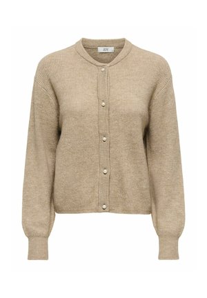 Beige ribbed cardigan dengan leher bulat, dilengkapi dengan kancing di bagian depan dan lengan panjang. Tekstur lembut, cocok untuk gaya santai.