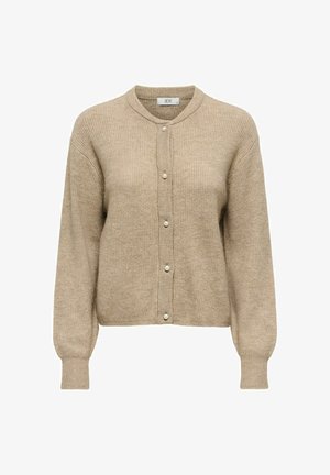 Cardigan en ribbed beige avec un col rond, doté de boutons sur le devant et de manches longues. Texture douce, coupe décontractée.