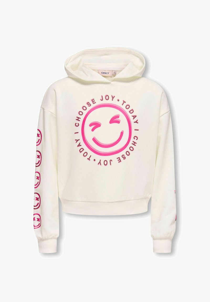 Korte witte hoodie van zachte stof met een grote roze glimlachende gezichtafbeelding en de tekst "IK KIES VREUGDE" op de voorkant en mouwontwerpen.