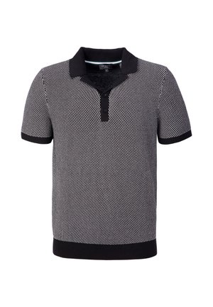 Polo a maniche corte nero e bianco con trama, colletto nero, patta con bottoni, polsini e orlo.